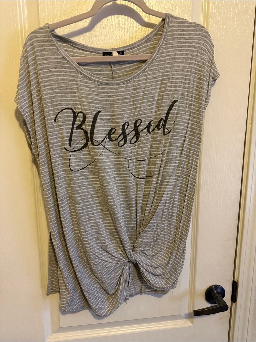Blessed Stripe Knot-Front Short Sleeve Tee - Gray